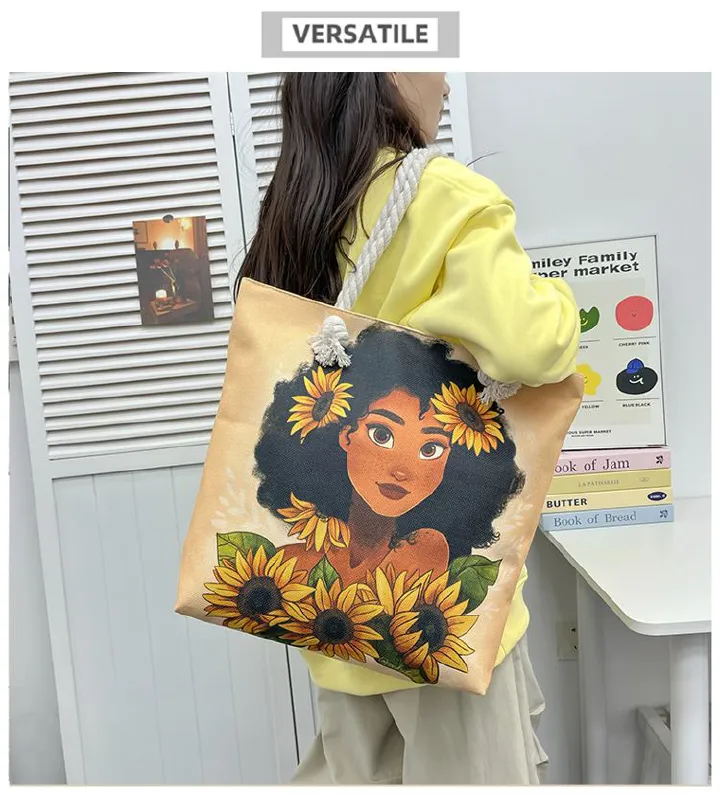 African American Woman Tote Bag Black Girl Shoulder Bag Afro Handbag Beach Bag for Adults Students School Office Shop Travel