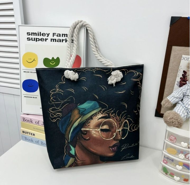 African American Woman Tote Bag Black Girl Shoulder Bag Afro Handbag Beach Bag for Adults Students School Office Shop Travel