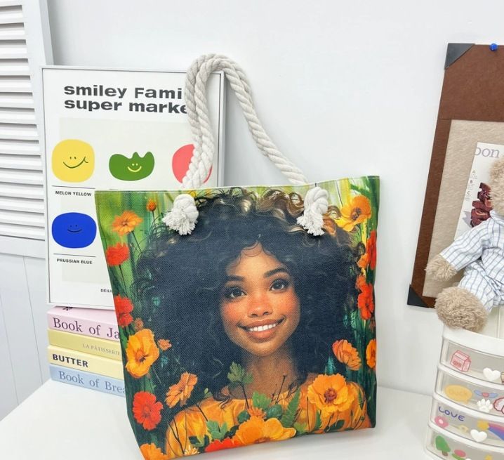 African American Woman Tote Bag Black Girl Shoulder Bag Afro Handbag Beach Bag for Adults Students School Office Shop Travel