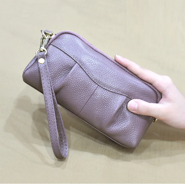 Genuine Leather Women Clutch Wallet Ruffled Female Purse Bags Fashion Wristlet Money Purses Versatile Mobile Phone Bag for Women
