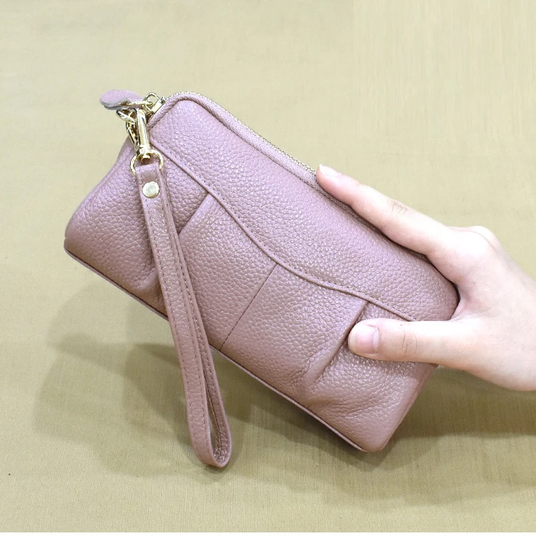 Genuine Leather Women Clutch Wallet Ruffled Female Purse Bags Fashion Wristlet Money Purses Versatile Mobile Phone Bag for Women