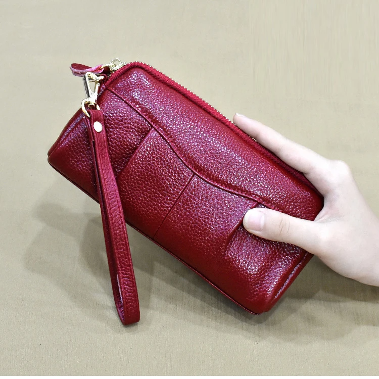 Genuine Leather Women Clutch Wallet Ruffled Female Purse Bags Fashion Wristlet Money Purses Versatile Mobile Phone Bag for Women