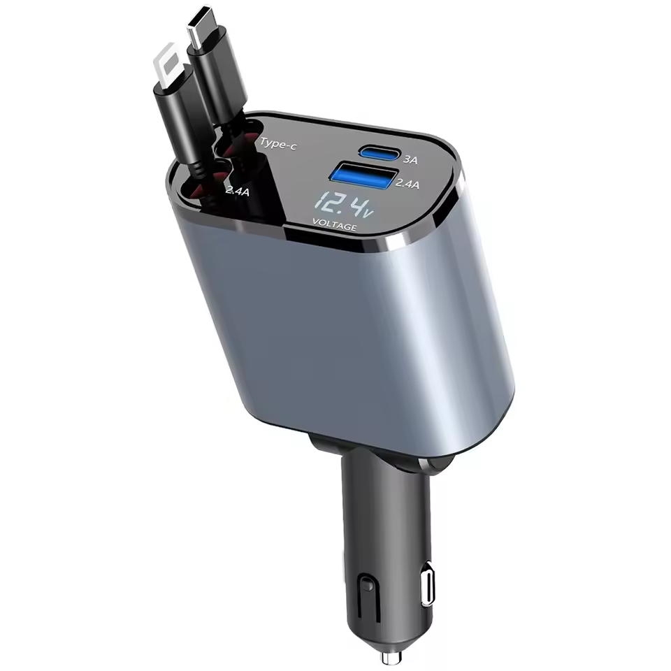 120W 4 IN 1 Car Charger with Retractable Cable and 2 USB Ports USB Type C Cigarette Lighter Adapter For IPhone Samsung Huawei