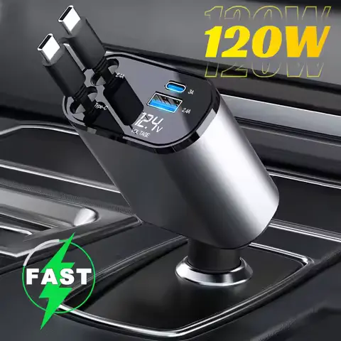 120W 4 IN 1 Car Charger with Retractable Cable and 2 USB Ports USB Type C Cigarette Lighter Adapter For IPhone Samsung Huawei
