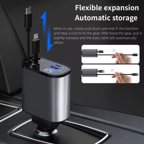 120W 4 IN 1 Car Charger with Retractable Cable and 2 USB Ports USB Type C Cigarette Lighter Adapter For IPhone Samsung Huawei