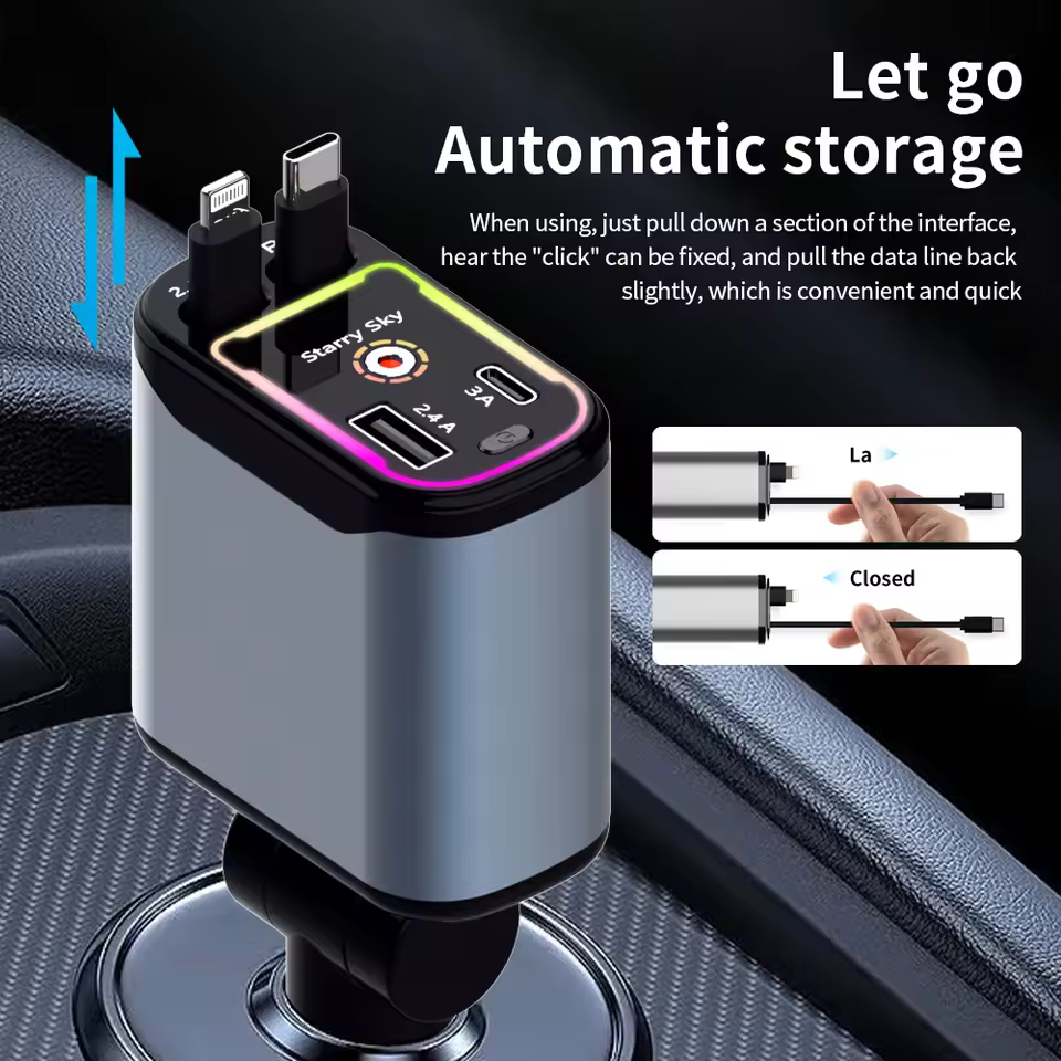 Retractable Car Charger 120W Fast Charger, 4-in-1 Fast Charging Car Phone Charger, Sence Display,Own Star Light