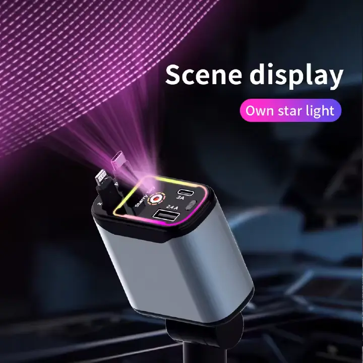 Retractable Car Charger 120W Fast Charger, 4-in-1 Fast Charging Car Phone Charger, Sence Display,Own Star Light