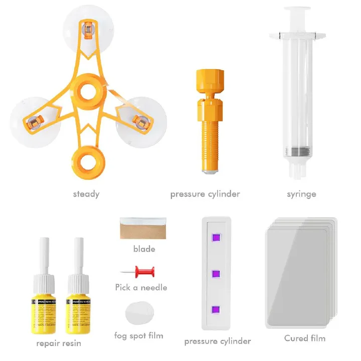 Windshield Repair Kit Car Cracked Glass Nano Fluid Restoration Auto Window Scratch Restoration with Suction Cup Curing Lamp VW