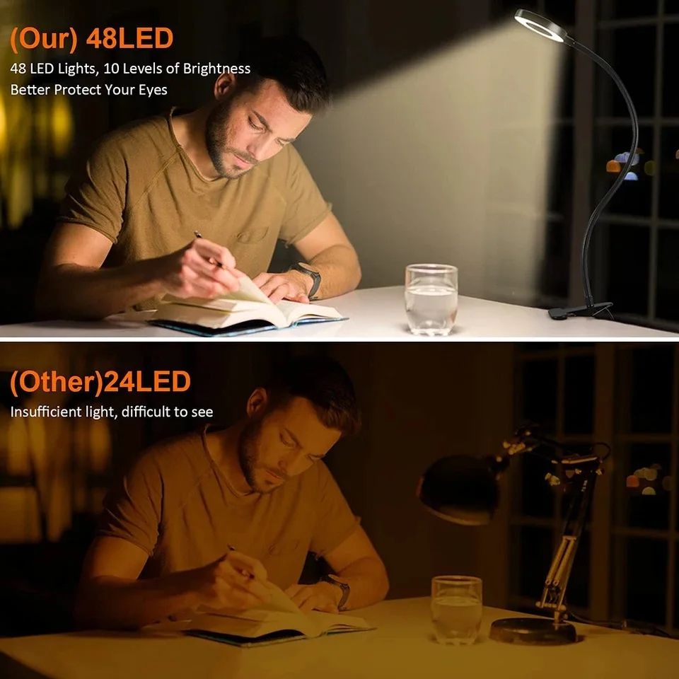 48 LED USB Book Light Clip Desk Lamp Reading Light with 3 Color Mode 10 Brightness Dimmer 360° Flexible Gooseneck Bed Night Lamp