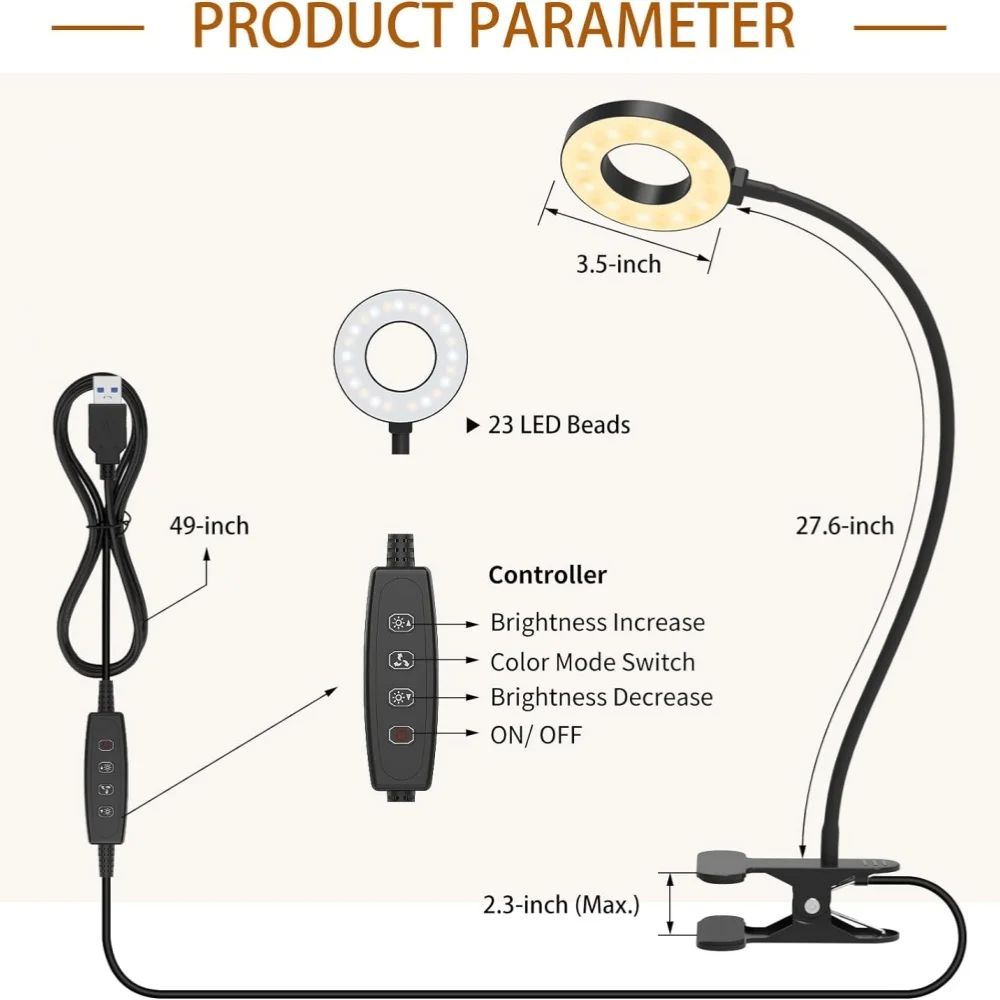 48 LED USB Book Light Clip Desk Lamp Reading Light with 3 Color Mode 10 Brightness Dimmer 360° Flexible Gooseneck Bed Night Lamp