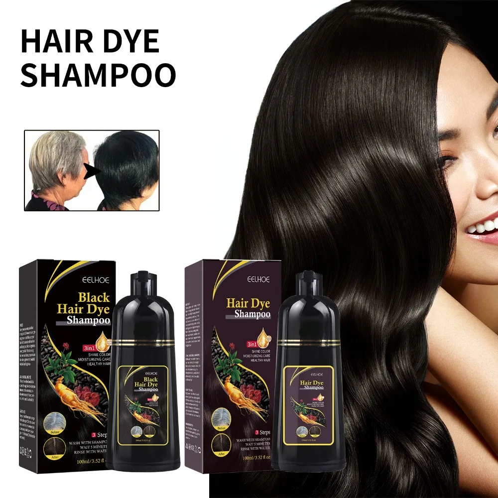 EELHOE Black Hair dye shampoo, Natural Plant Hair Dye Shampoo 3 in 1 Hair Color Shampoo for Gary Hair Dark Brown Black And Women Men Grey Coverage 100ml