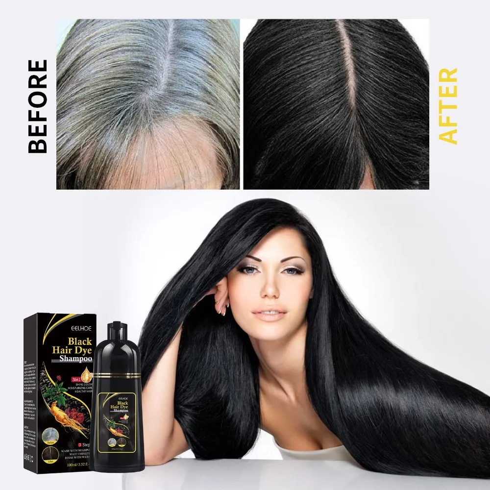 EELHOE Black Hair dye shampoo, Natural Plant Hair Dye Shampoo 3 in 1 Hair Color Shampoo for Gary Hair Dark Brown Black And Women Men Grey Coverage 100ml