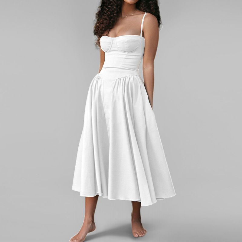 Women's Dress 2025 Spring Summer Latest Solid Color French Elegant Retro Style Dopamine Dressing Strap Maxi Dress Long Skirt