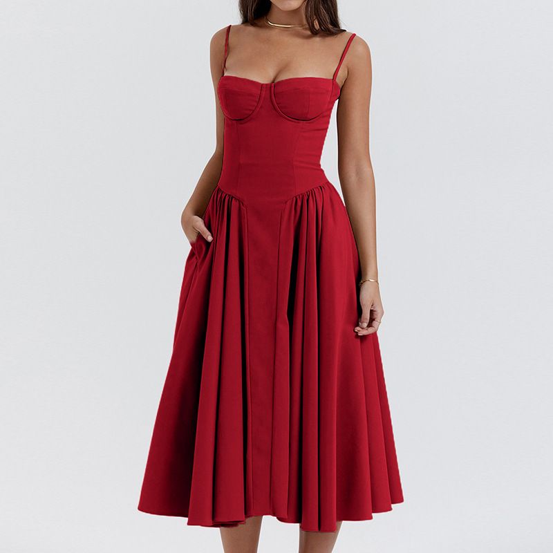 Women's Dress 2025 Spring Summer Latest Solid Color French Elegant Retro Style Dopamine Dressing Strap Maxi Dress Long Skirt