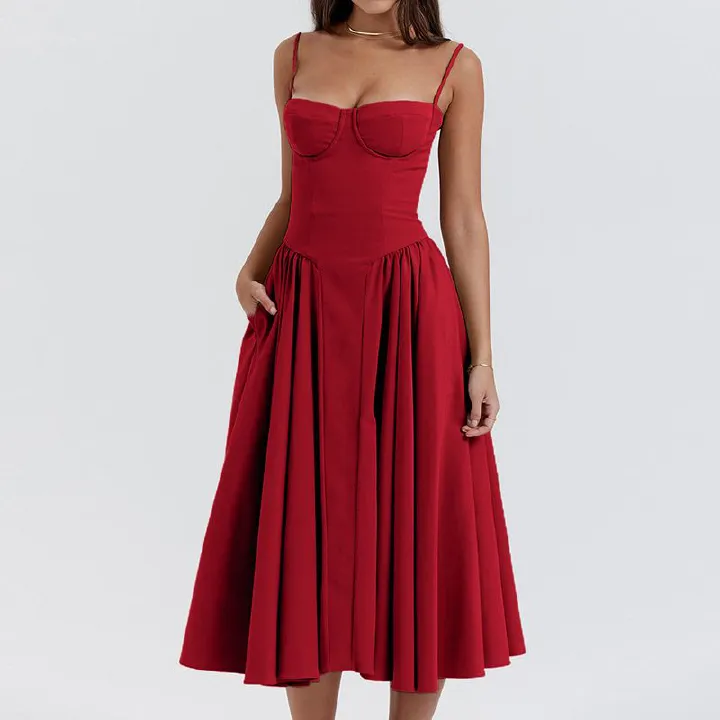 Women's Dress 2025 Spring Summer Latest Solid Color French Elegant Retro Style Dopamine Dressing Strap Maxi Dress Long Skirt