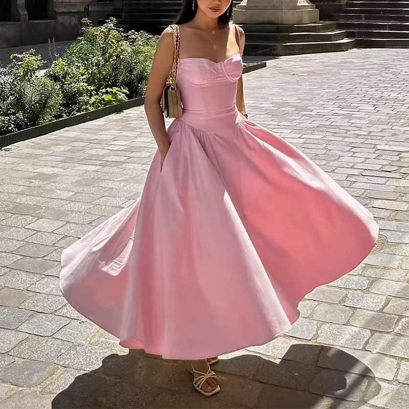 Women's Dress 2025 Spring Summer Latest Solid Color French Elegant Retro Style Dopamine Dressing Strap Maxi Dress Long Skirt