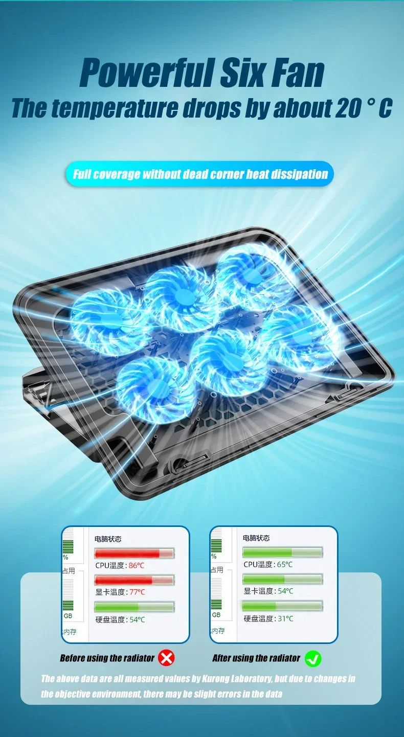 Laptop Cooling Pad,A9 Gaming RGB 15.6 inch Laptop Cooler 2 USB Ports 6 Fan Gaming Led Light Notebook Cooler For 13-18 Inch Stand For Laptop Macbook