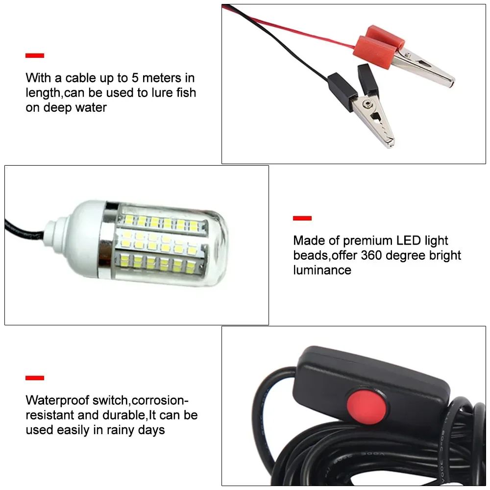 underwater fishing light,12V LED Fishing Trap Light 100W IP68 Lure Fish Finder Lamp 108 Leds 2835SMD Attracts Prawns Squid Krill 4 Colors LED Pool Lights