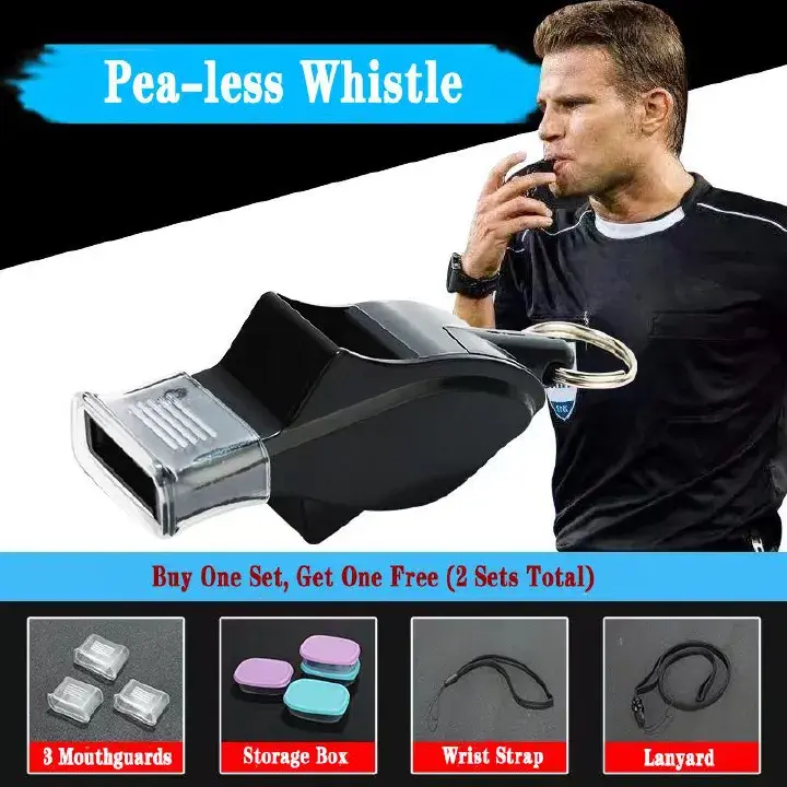 (Buy 1 Get 1 Free)Pea-less Sports Whistle for Coaches/Referees, Basketball Referee Seedless Plastic Dolphin Whistle Professional Referee Whistle Outdoor Sport, Wrist Strap, Lanyard & Storage Box