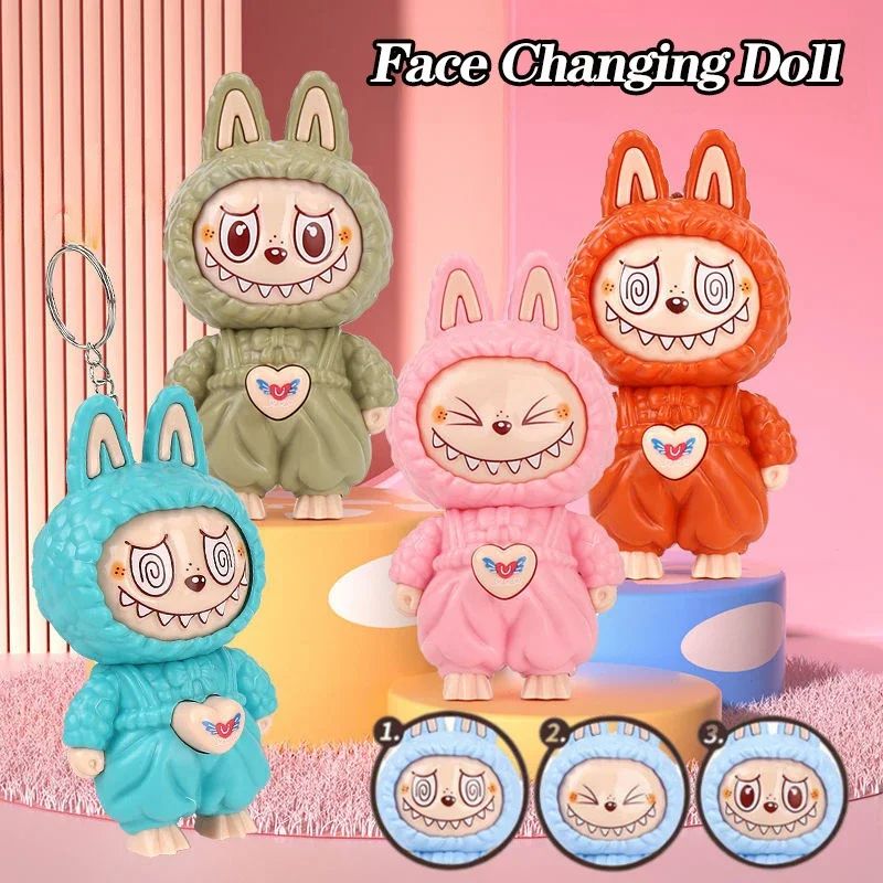 Press Face Changing Doll Toy Pendant Creative Cartoon Keychain Decompression Cute Face Changing Game Car Keychain Desktop Decor
