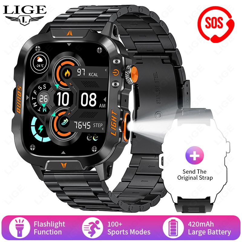 New smartwatch, 1.96 "screen, IP68, 420 mah battery, wireless talk, voice assistant, alloy body, flashlight, 100+ sports mode