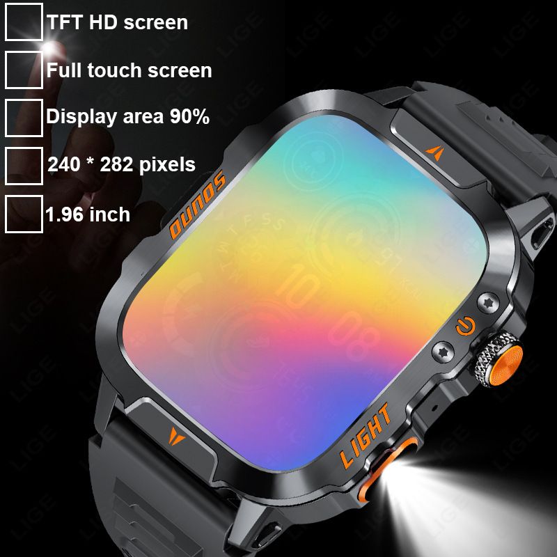 New smartwatch, 1.96 "screen, IP68, 420 mah battery, wireless talk, voice assistant, alloy body, flashlight, 100+ sports mode