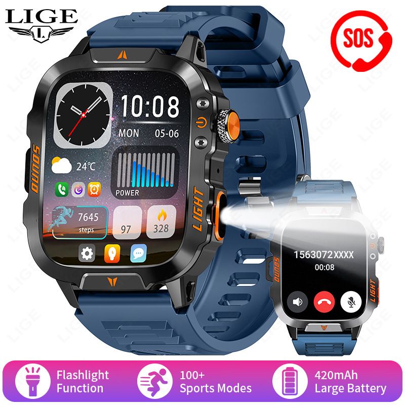 New smartwatch, 1.96 "screen, IP68, 420 mah battery, wireless talk, voice assistant, alloy body, flashlight, 100+ sports mode