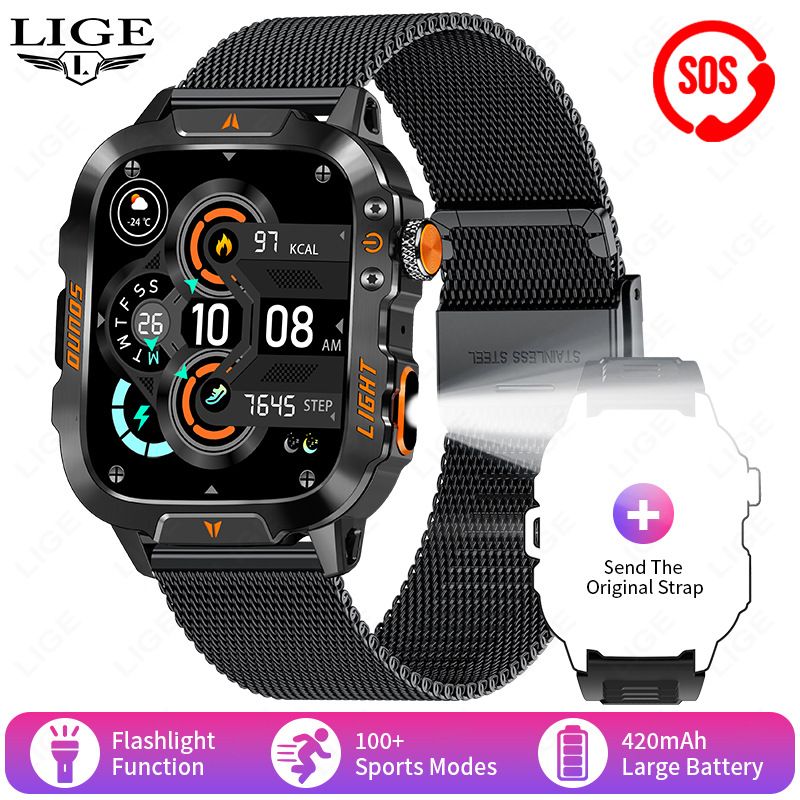 New smartwatch, 1.96 "screen, IP68, 420 mah battery, wireless talk, voice assistant, alloy body, flashlight, 100+ sports mode