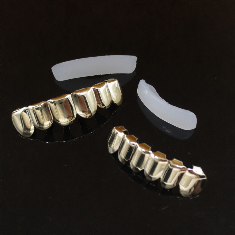 Hip Hop Black Fangs Tooth Grillz 14K Gold Plated 6/6 Teeth Caps Decor Dental Grills For Men Women Halloween Jewelry With silicone Real Shiny Vampire Tooth Sets