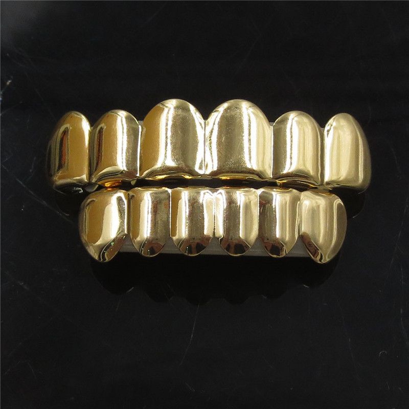 Hip Hop Black Fangs Tooth Grillz 14K Gold Plated 6/6 Teeth Caps Decor Dental Grills For Men Women Halloween Jewelry With silicone Real Shiny Vampire Tooth Sets