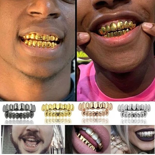 Hip Hop Black Fangs Tooth Grillz 14K Gold Plated 6/6 Teeth Caps Decor Dental Grills For Men Women Halloween Jewelry With silicone Real Shiny Vampire Tooth Sets