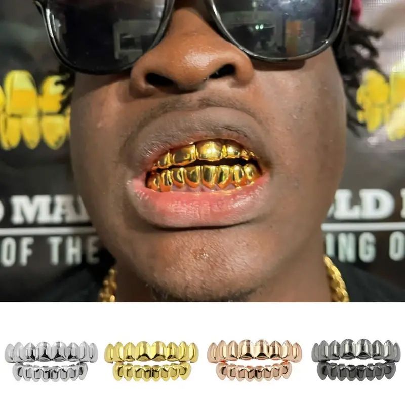 Hip Hop Black Fangs Tooth Grillz 14K Gold Plated 6/6 Teeth Caps Decor Dental Grills For Men Women Halloween Jewelry With silicone Real Shiny Vampire Tooth Sets