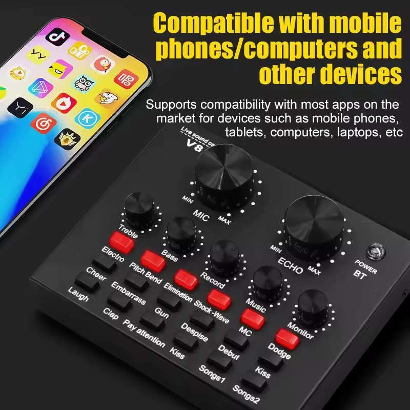 V8  Audio Mixer USB External Headset Microphone Webcast Personal Live Broadcast Sound Card For Phone Computer