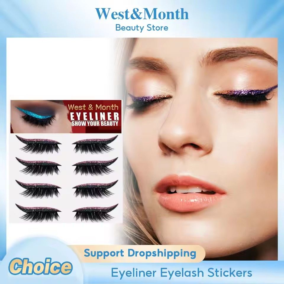 West&Month 2 in 1 Eyeliner Eyelash Stickers Reusable Self Adhesive Long Lasting Glitter Shiny Natural Waterproof Patch Party Cosplay Makeup