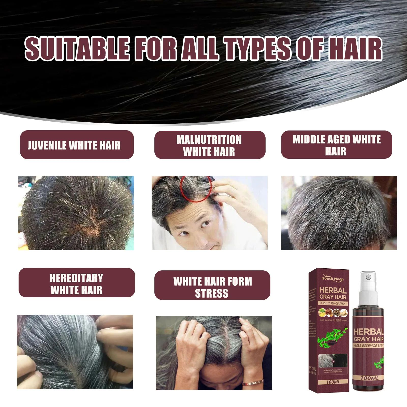 100ml Hair Darkening Spray Anti White Hair Herbal Hair Care Serum Blacken Hair Reduce Gray Hair Scalp Nourish Glitter Hair Spray