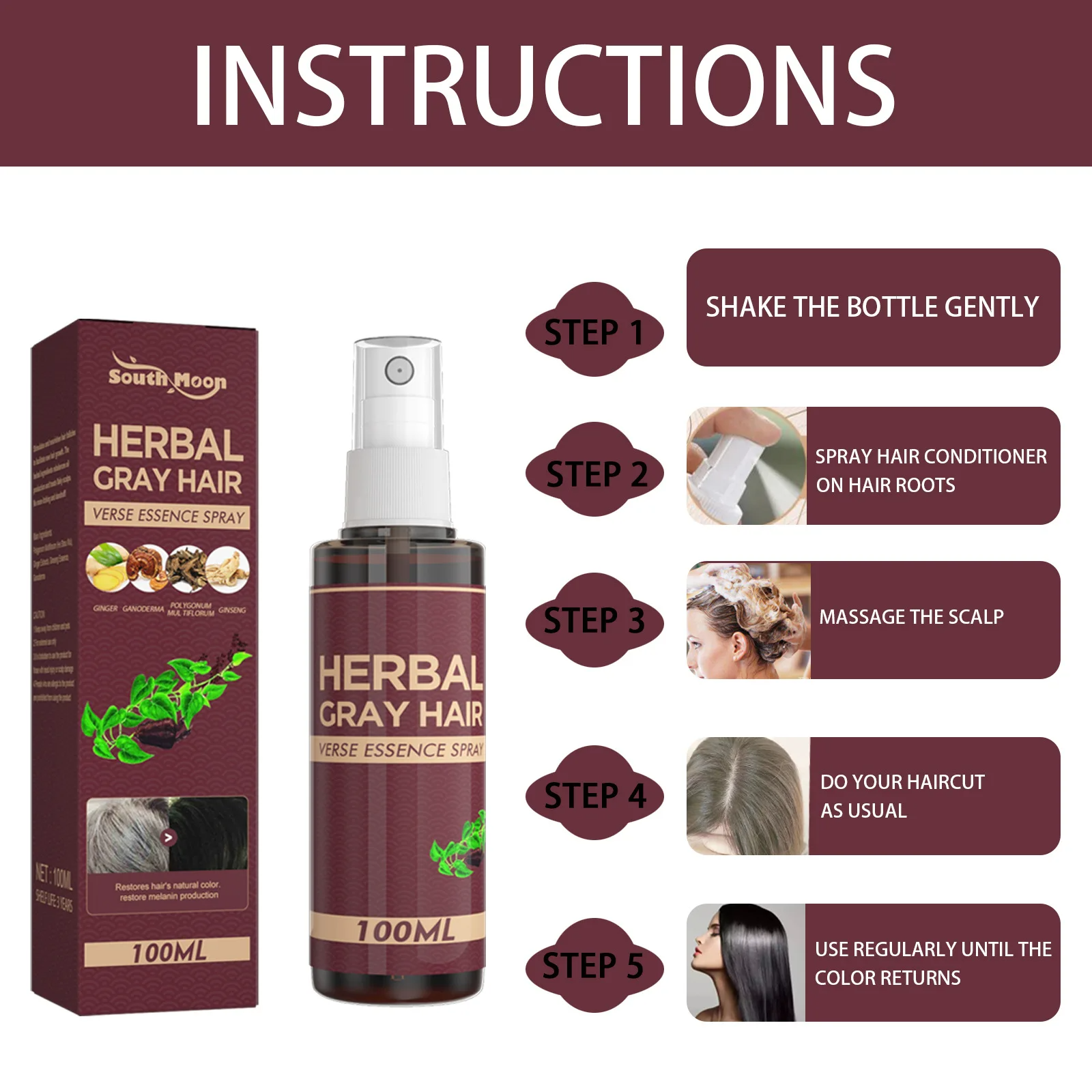 100ml Hair Darkening Spray Anti White Hair Herbal Hair Care Serum Blacken Hair Reduce Gray Hair Scalp Nourish Glitter Hair Spray