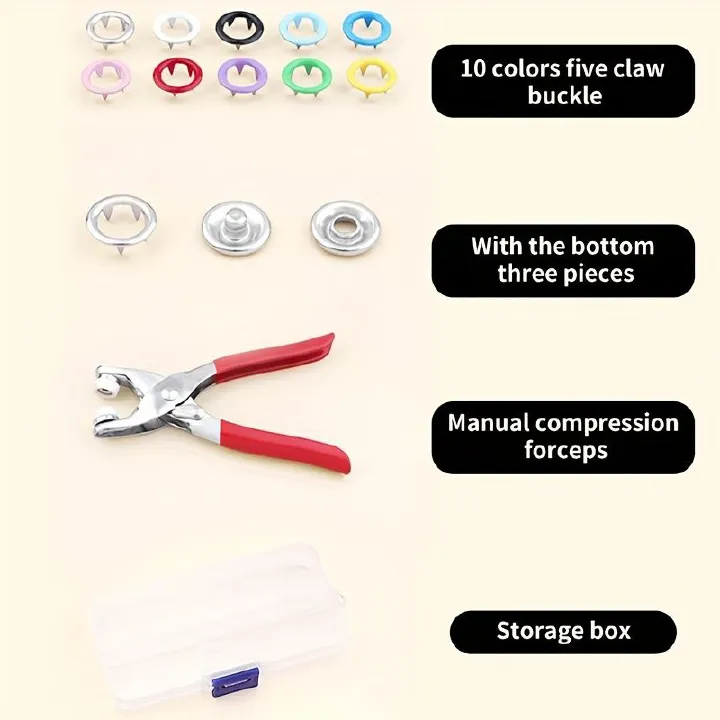 100 Sets of 9.5mm Metal Sewing Snaps with Pliers, 10 Colors Claw Ring Press Studs for DIY Clothing Decoration, Manual Operation Stainless Steel Punching Tool Kit