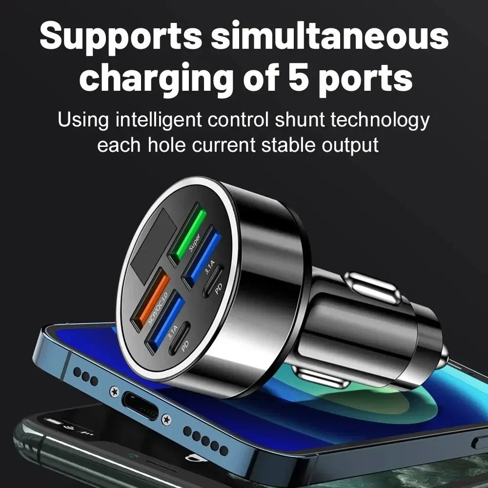 66-250W PD 6in1 Car Charger QC3.0 Fast Charge with Digital Display Universal Cigarette Lighter Adapter for iPhone Samsung Xiaomi