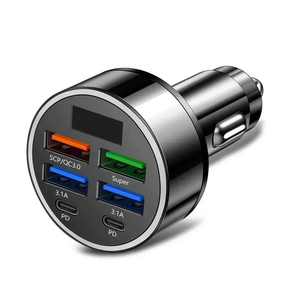 66-250W PD 6in1 Car Charger QC3.0 Fast Charge with Digital Display Universal Cigarette Lighter Adapter for iPhone Samsung Xiaomi