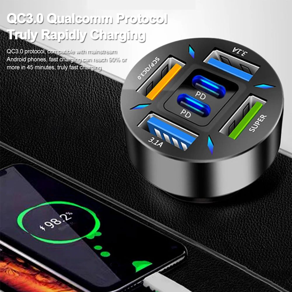 6-Port USB Fast Car Charger Qc3.0 Four Diamond Shaped Breathable Holes Adapter for Iphone Android