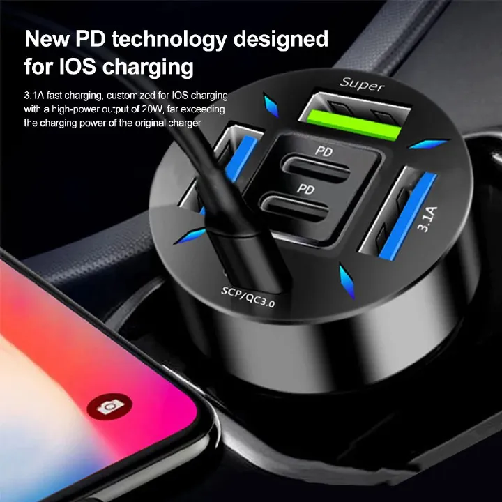 6-Port USB Fast Car Charger Qc3.0 Four Diamond Shaped Breathable Holes Adapter for Iphone Android