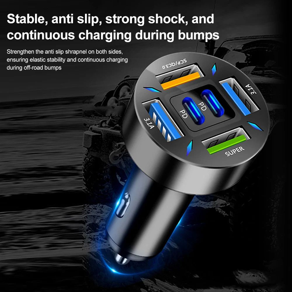 6-Port USB Fast Car Charger Qc3.0 Four Diamond Shaped Breathable Holes Adapter for Iphone Android