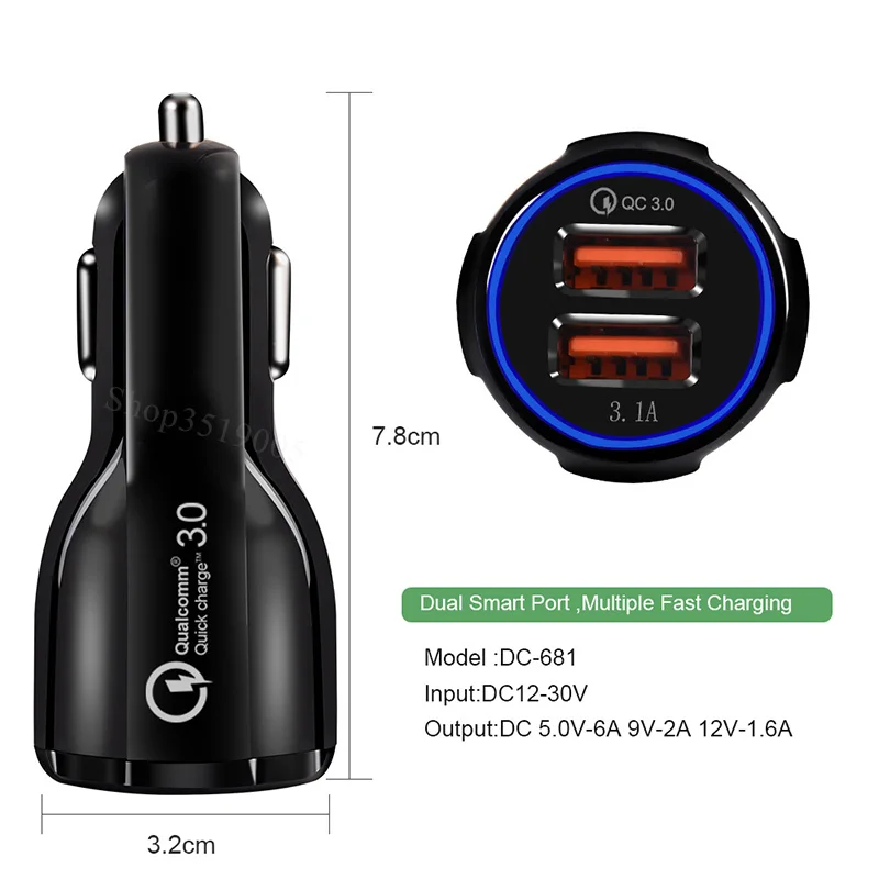 QC3.0+3.1A Car Chargers 2Ports Fast Charging 12-24V For Samsung Huawei iphone Dual USB Adapter Socket Splitter Cigarette Lighter