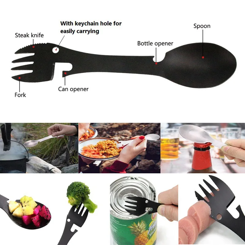 Camping Utensils Set Stainless Steel Outdoor Survival Gear 5 in 1 Tableware Travel Hiking Cutlery Fork Spoon Opener
