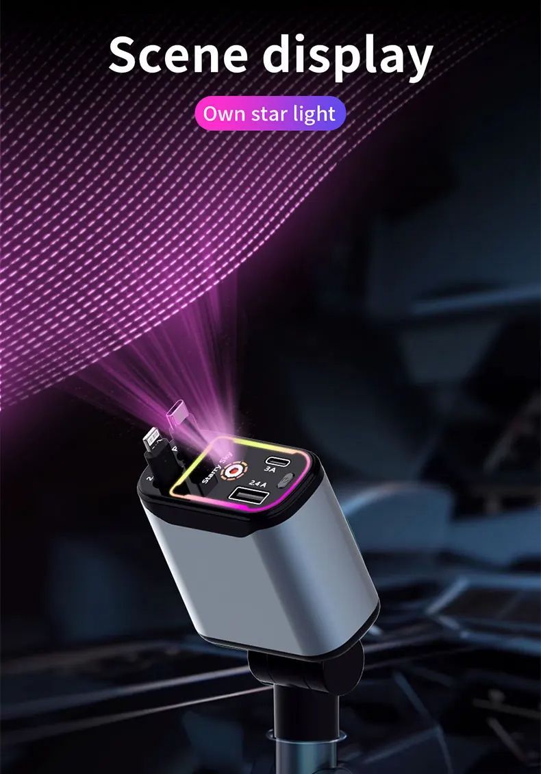 Retractable Car Charger 120W Fast Charger, 4-in-1 Fast Charging Car Phone Charger, Sence Display,Own Star Light