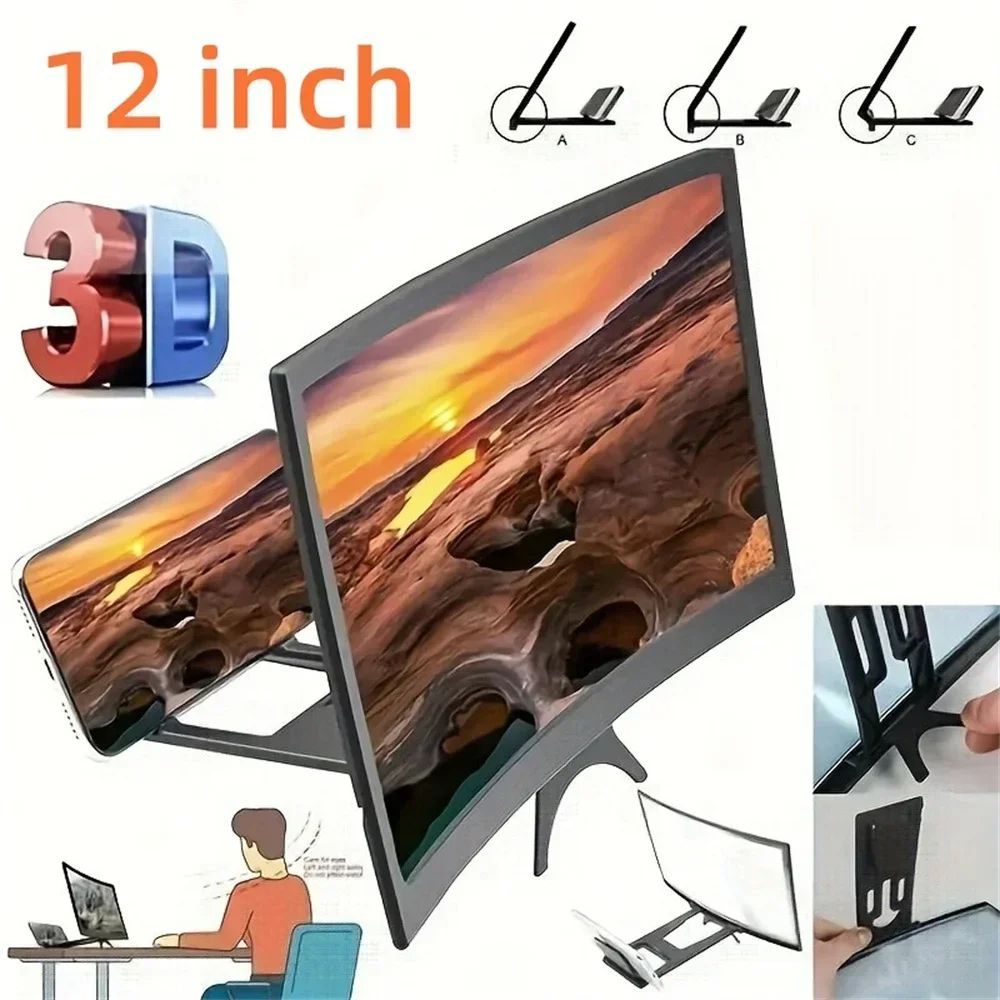 12 inch 14 inch New Desktop Mobile Phone Curved Screen Magnifier 3D HD Video Amplifier Stand For Enlarge Phone Screen Foldable Holder Black one size