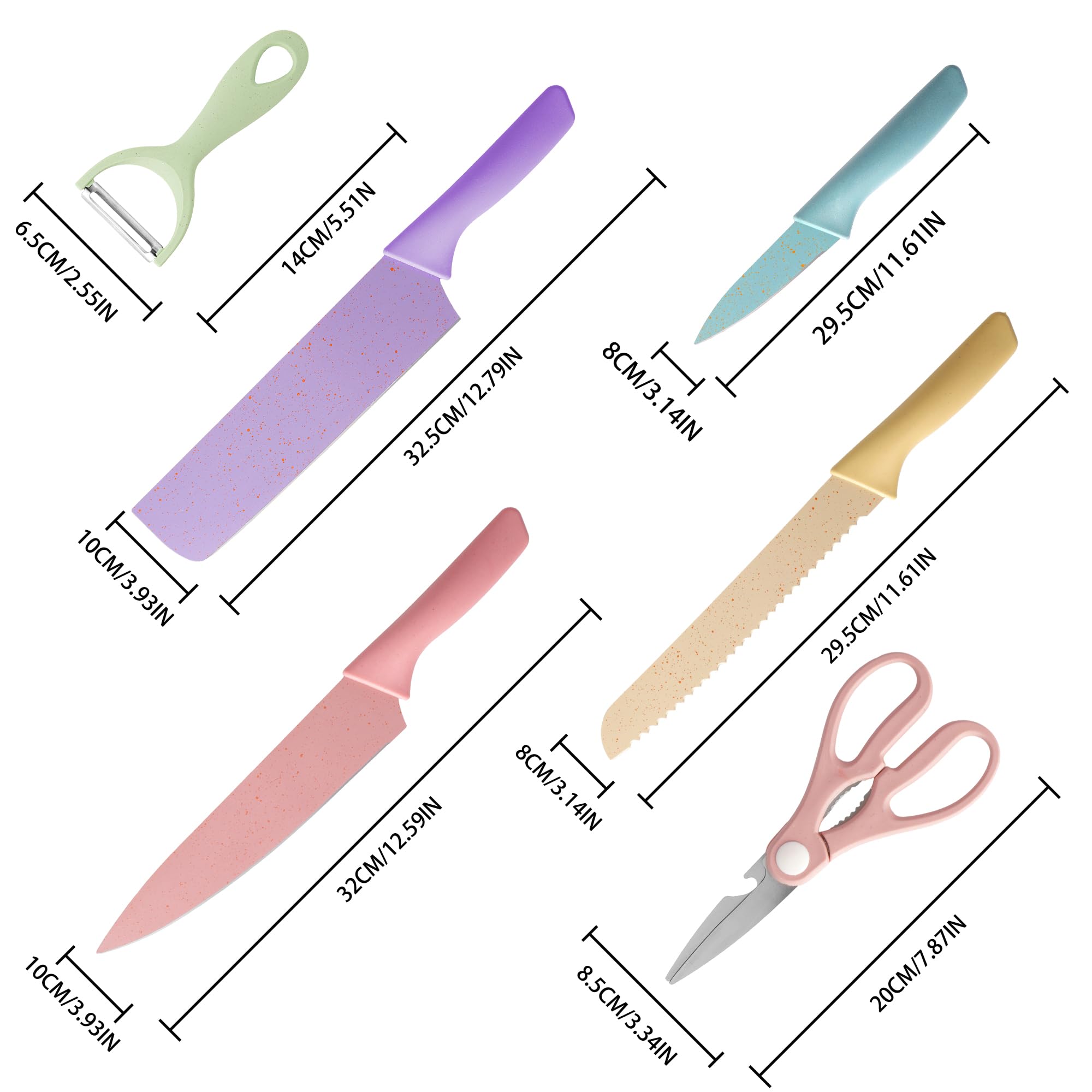 Kitchen Knives Set High Carbon Steel Utility Colourful Fruit Chef Knives with Vegetables Scissor Household Macaron Cooking Tool