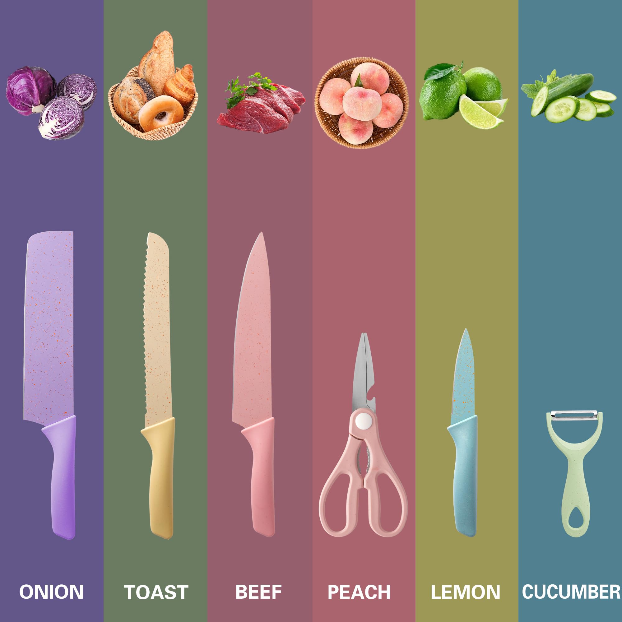 Kitchen Knives Set High Carbon Steel Utility Colourful Fruit Chef Knives with Vegetables Scissor Household Macaron Cooking Tool