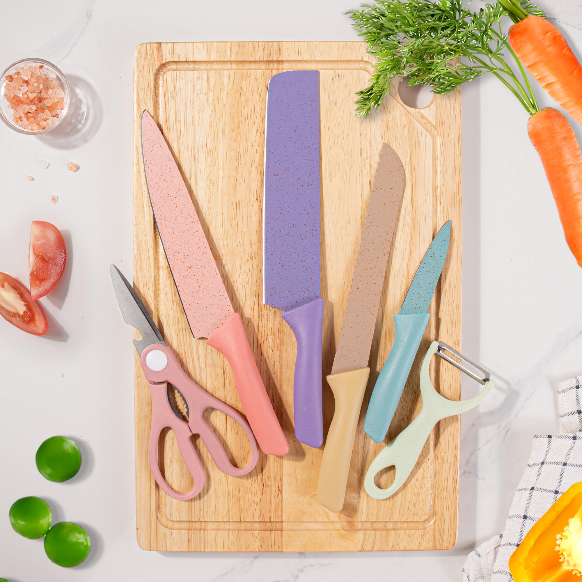 Kitchen Knives Set High Carbon Steel Utility Colourful Fruit Chef Knives with Vegetables Scissor Household Macaron Cooking Tool