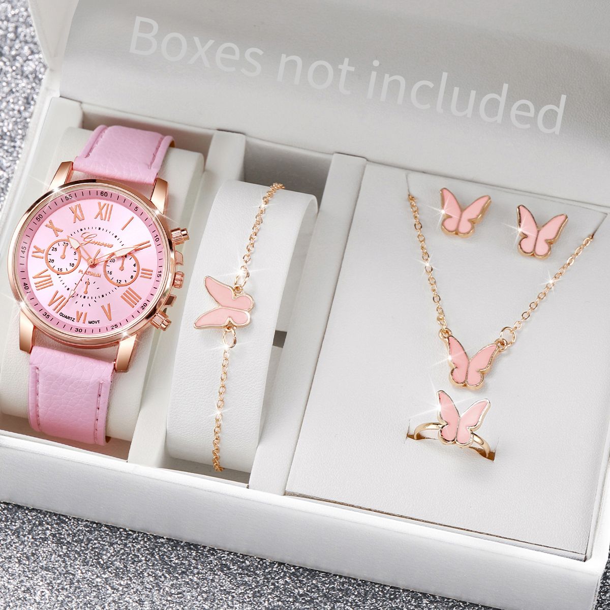 Fashion Girls Ladies Crystal Metal Dress Watches + Necklace Bracelets earrings Jewelry Sets Quartz Watches for School Girl students Daughters Sisters Friends Cool Birthday Gift Watches(Without Box)